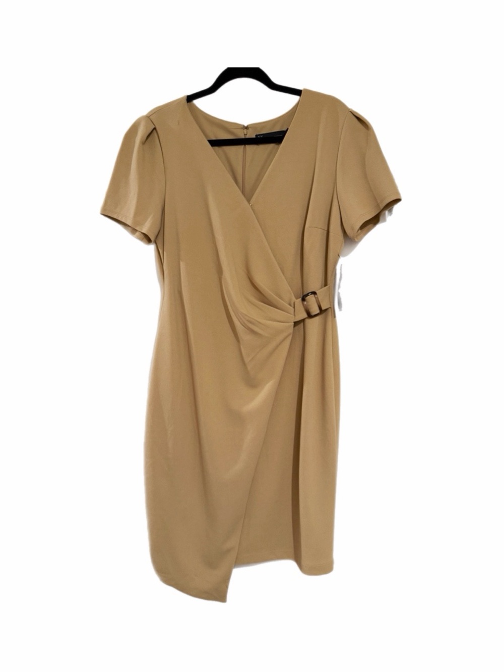New York & Company Camel Fax Wrap Buckle Dress